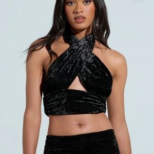 AKIRA Black Velvet Ruby Criss Cross Halter Top Size XL
